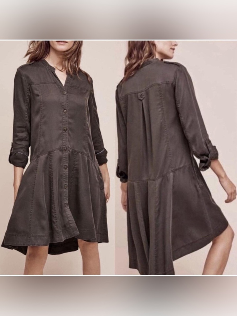 Anthropologie HOLDING HORSES Washed Dark Gray/Green Button-Front Midi Dress